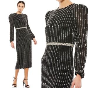 NEW MAC DUGGAL 93622 $498 BLACK LONG SLEEVE PUFF SLEEVE BEADED MIDI DRESS Size 8